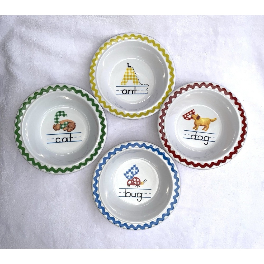 4 Pottery Barn Kids ABC Bowls Ant Bug Cat Dog Cereal Snack Melamine